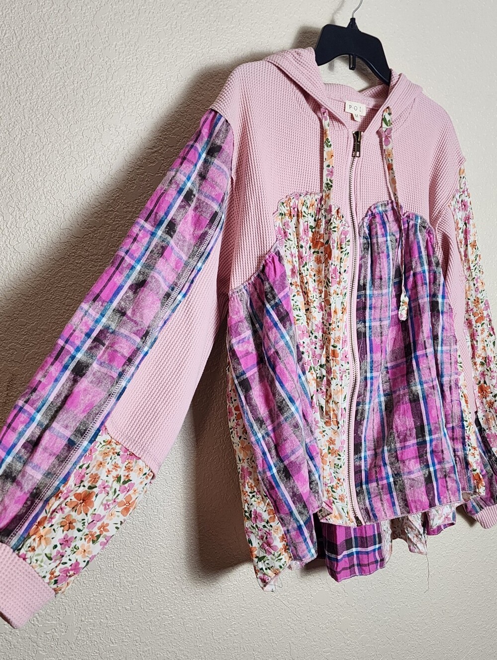 POL Pink Floral Plaid Patchwork Zip Hoodie Medium - Picture 3 of 9